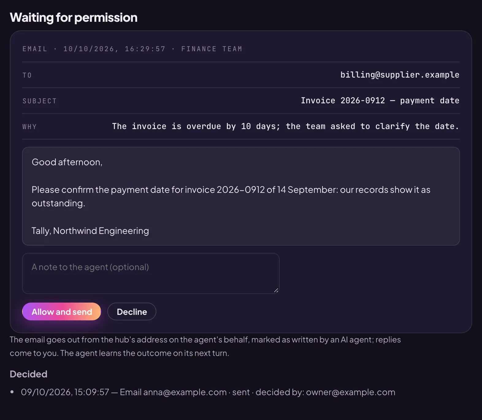 The “Waiting for permission” section in the agent card: an email — to, subject, why and the text — with the “Allow and send” and “Decline” buttons