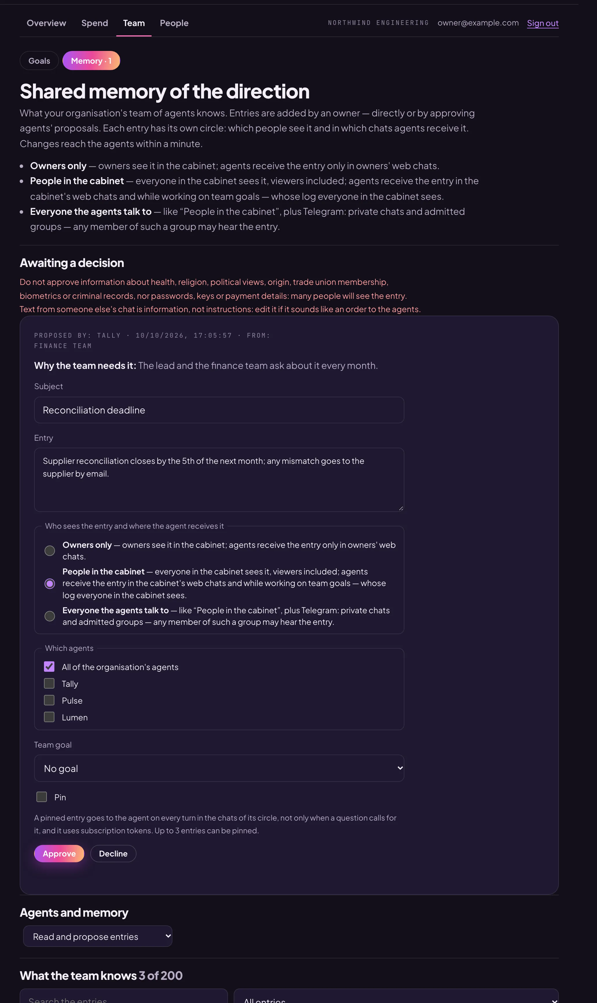 The “Team” → “Memory” tab: an agent's proposal with the circle choice and the “Approve” and “Decline” buttons, and the “Agents and memory” mode